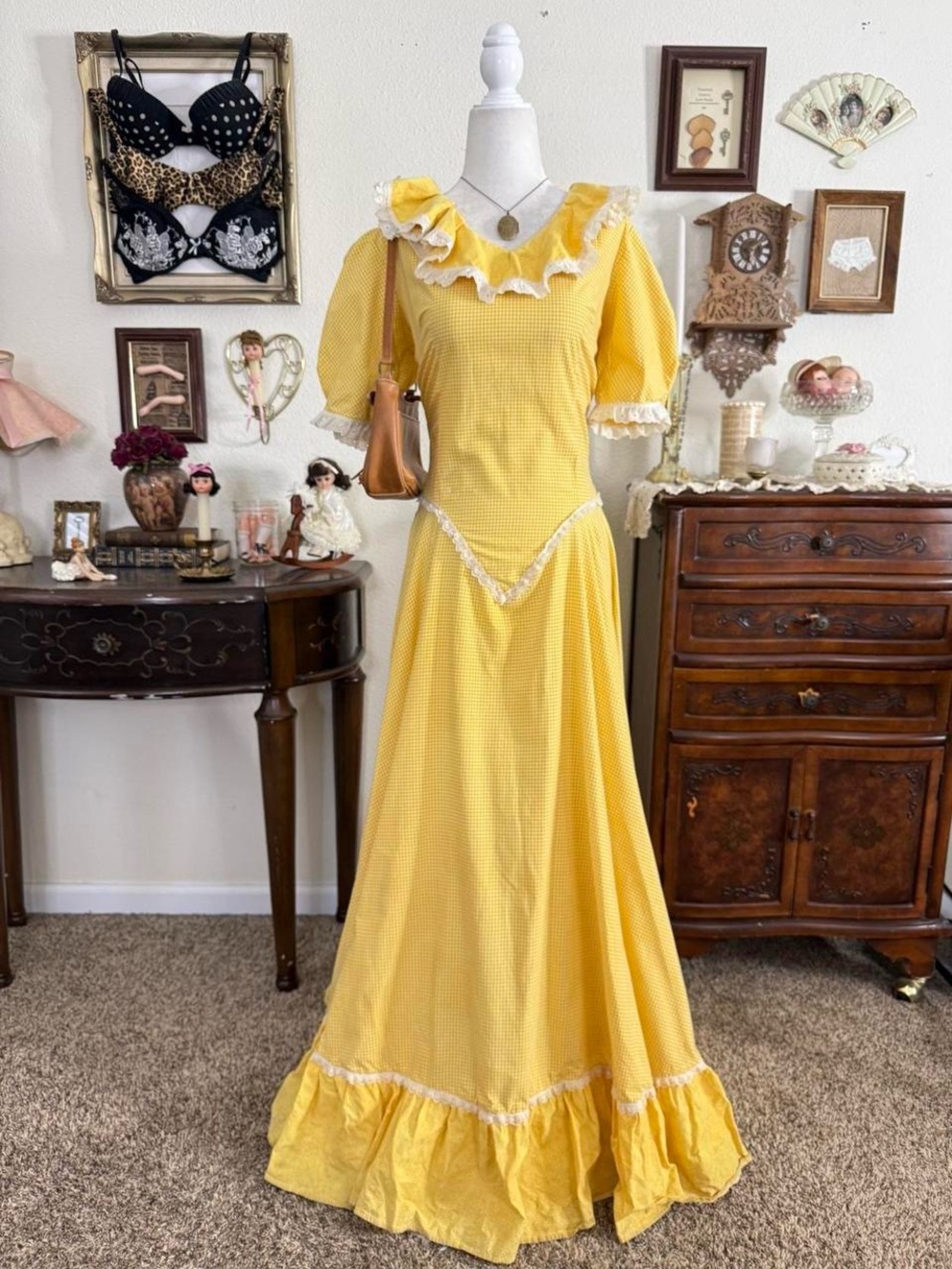 VTG handmade farmer’s daughter cottagecore yellow gingham ruffled maxi dress
